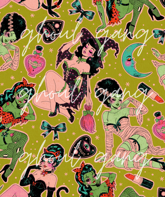 Pinup Ghouls Green Background - Minky Blanket