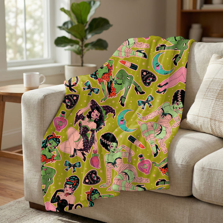 Pinup Ghouls Green Background - Minky Blanket