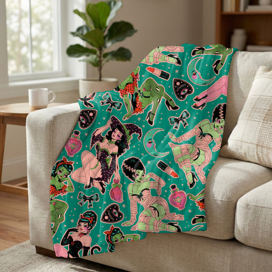 Pinup Ghouls Blue Background - Minky Blanket