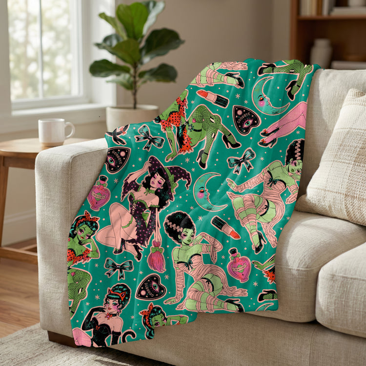 Pinup Ghouls Blue Background - Minky Blanket
