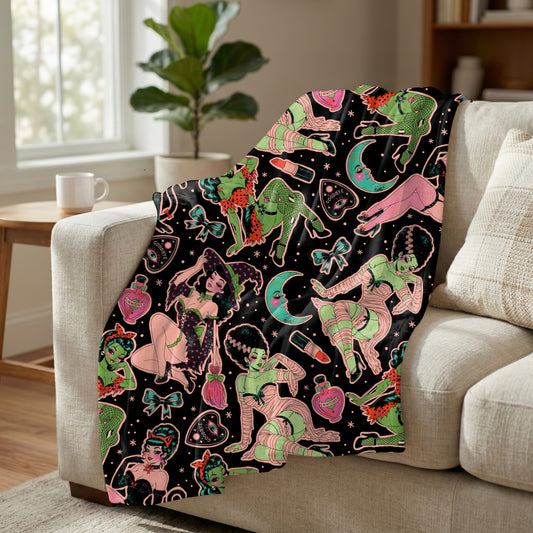 Pinup Ghouls Black Background - Minky Blanket